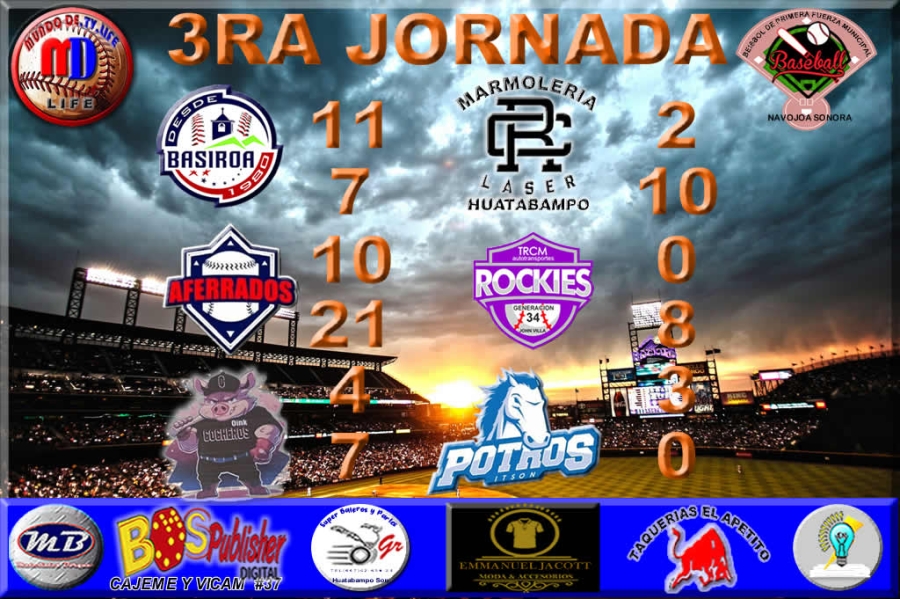 DE PRIMERA POR LA PRIMERA TERCERA JORNADA EN EL BEISBOL DE PRIMERA FUERZA MUNICIPAL DE NAVOJOA EN SU EDICION “ISMAEL ZAZUETA ZAZUETA”