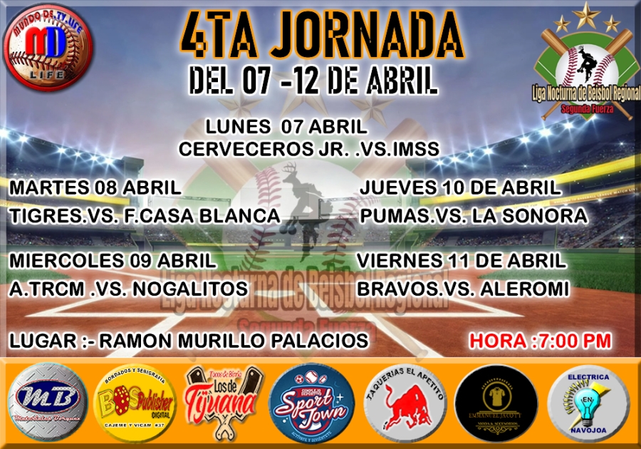 CONTINUAN LAS ACTIVIDADES EN Liga Nocturna de Béisbol Regional Segunda Fuerza:- PROGRAMACION DE LA CUARTA JORNADA