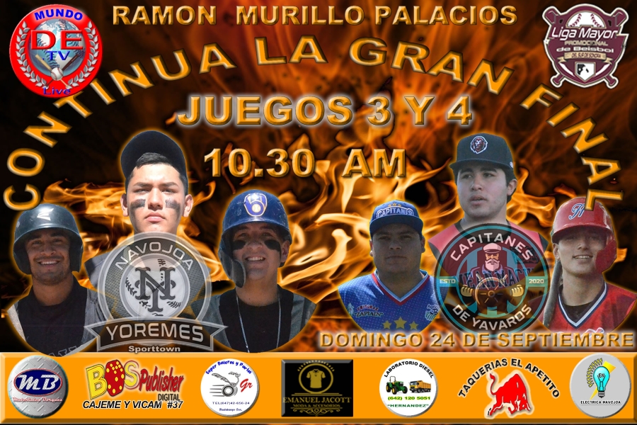 CONTINUA LA GRAN FINAL EN LA LIGA MAYOR PROMOCIONAL DE BEISBOL DEL SUR DE SONORA ENTRE YOREMES SPORT TOWN Y CAPITANES DE YAVAROS
